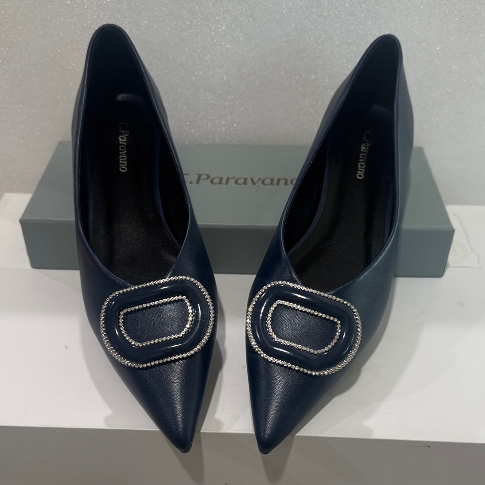 Paravani Navy Blue Heels with Silver Buckle